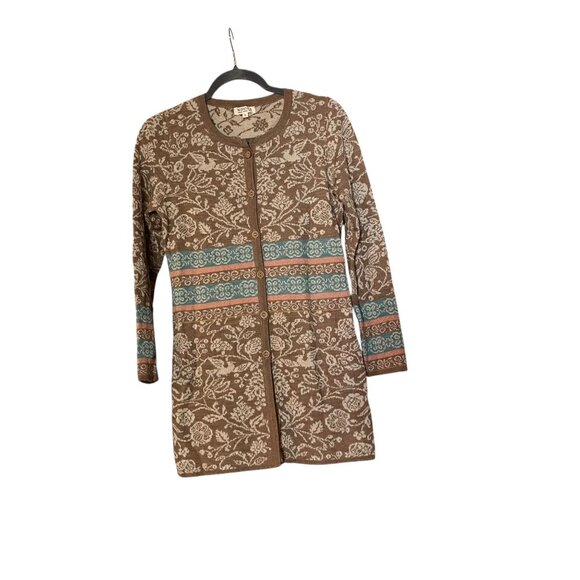 Novica Sweaters - Novica 100% Baby Alpaca Wool Brown Cardigan Long Line Floral Button Size Small
